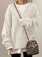 Women's Chunky Cable-Knit Jumper with Layered V-Neck – White