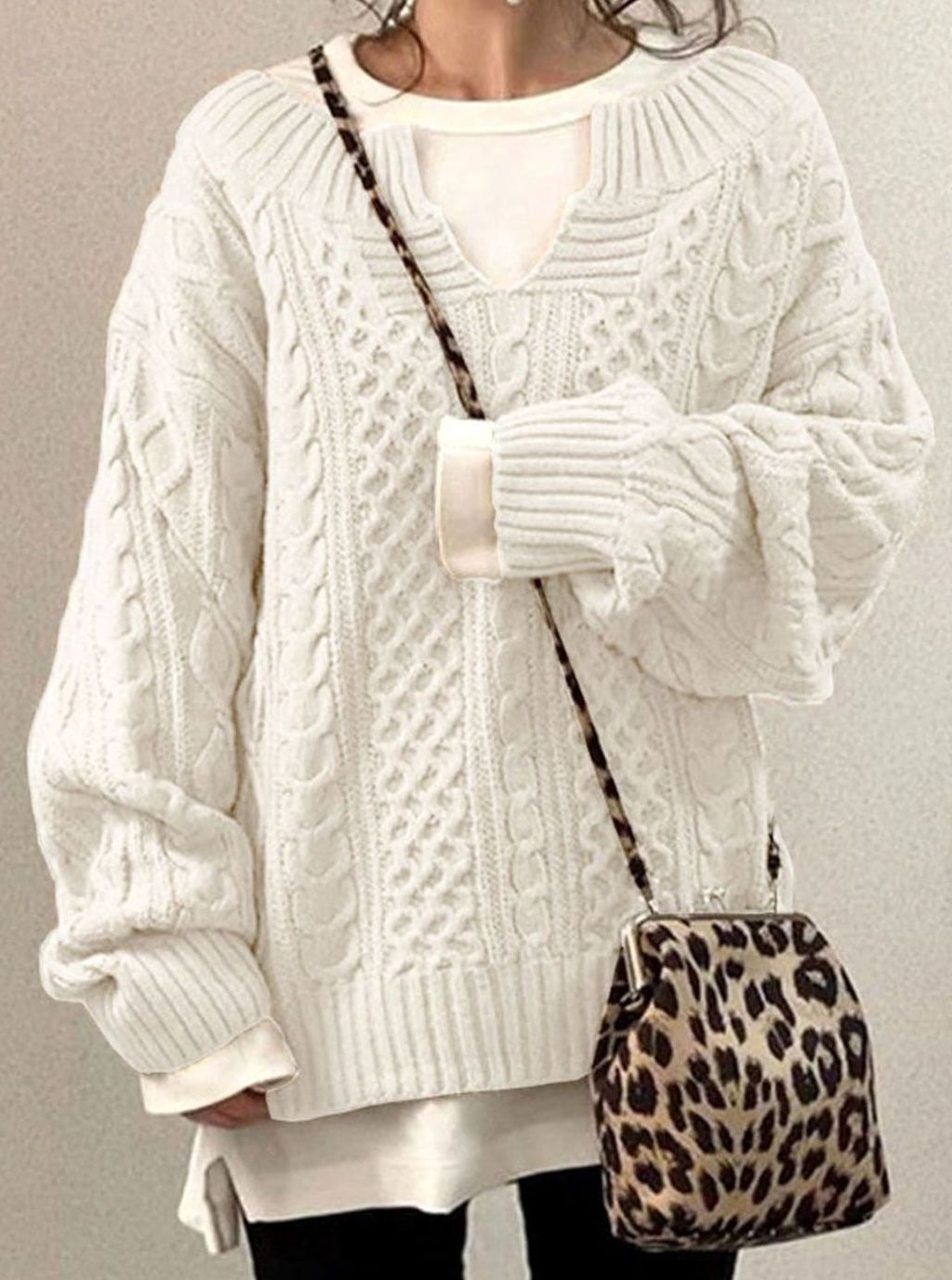 Women's Chunky Cable-Knit Jumper with Layered V-Neck