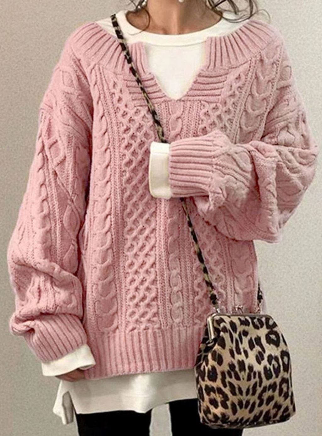 Women's Chunky Cable-Knit Jumper with Layered V-Neck – Pink