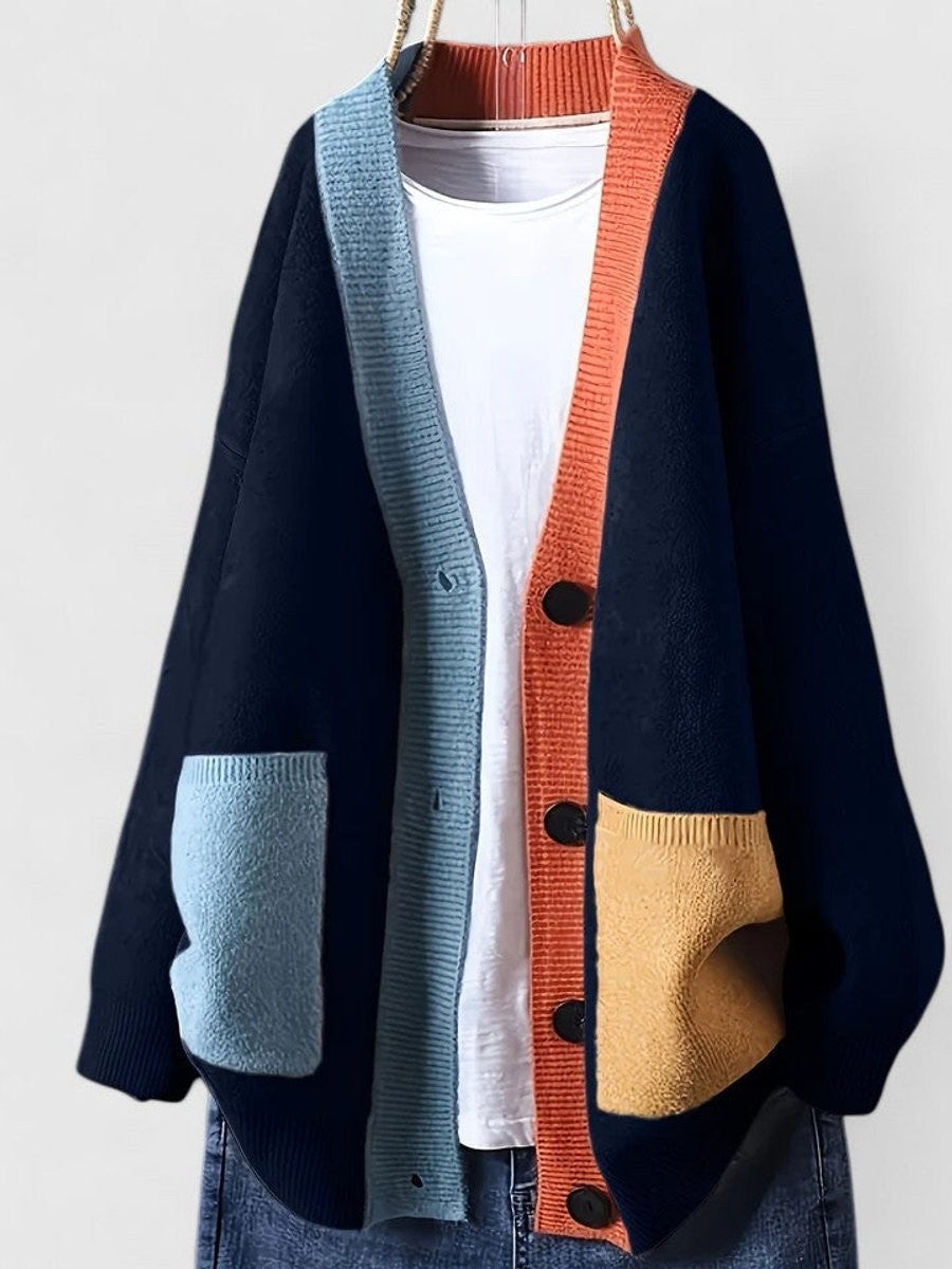 Women's Oversized Colour Block Button-Front Cardigan – Navy Blue