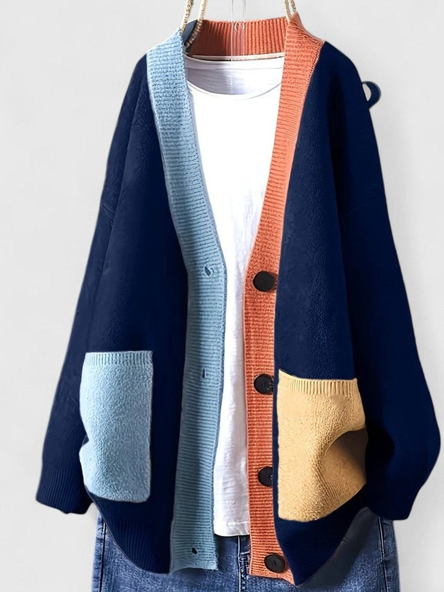 Women's Oversized Colour Block Button-Front Cardigan – Blue