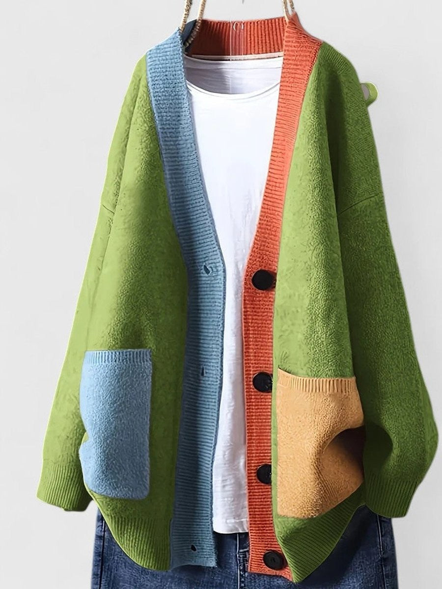 Women's Oversized Colour Block Button-Front Cardigan – Green