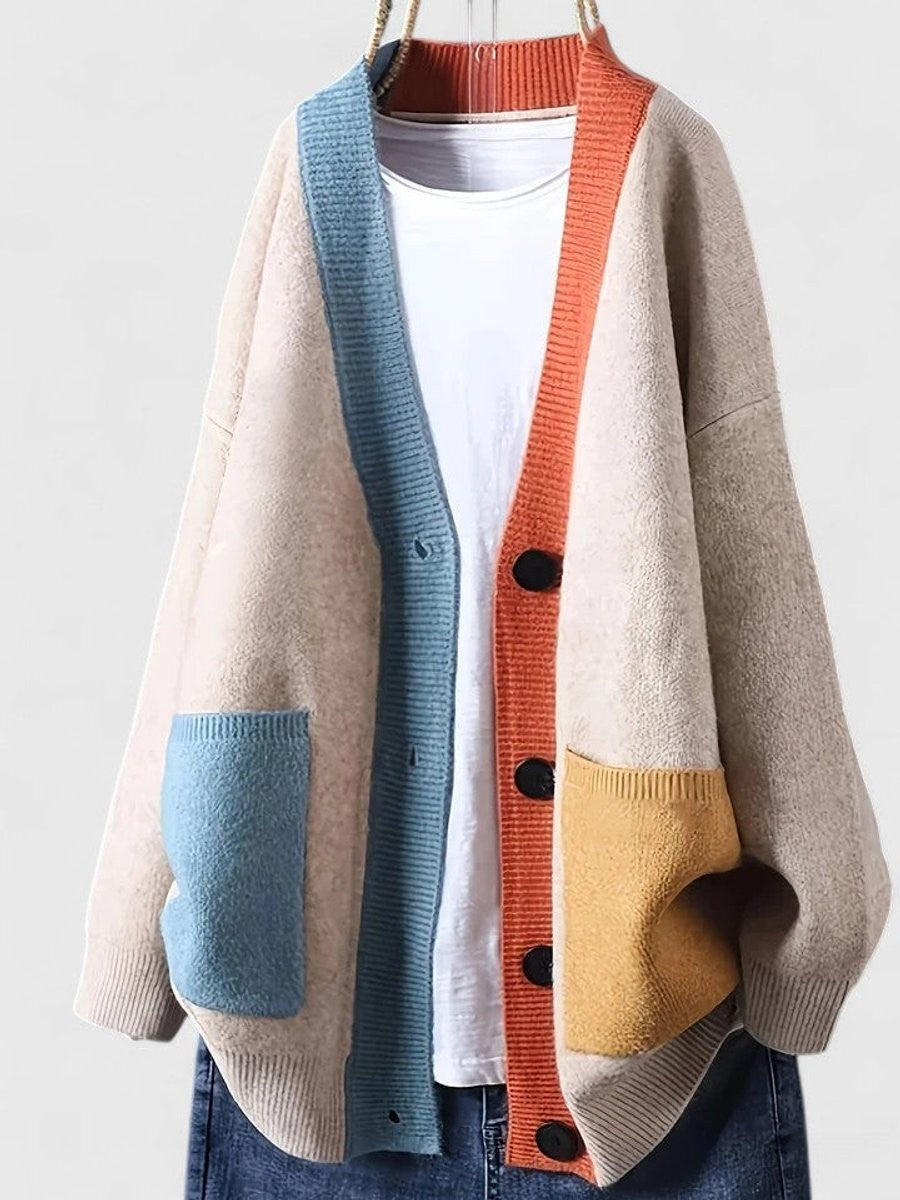 Women's Oversized Colour Block Button-Front Cardigan – Beige