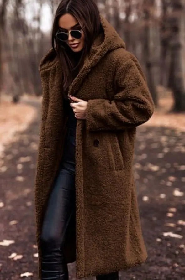 Women's Oversized Hooded Longline Teddy Coat – Brown