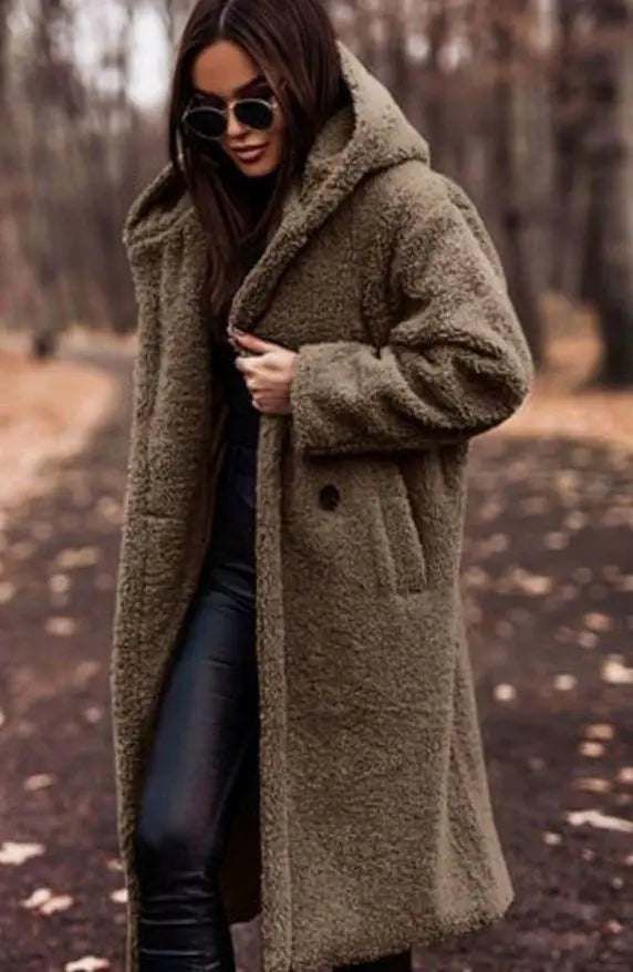 Women's Oversized Hooded Longline Teddy Coat – Khaki