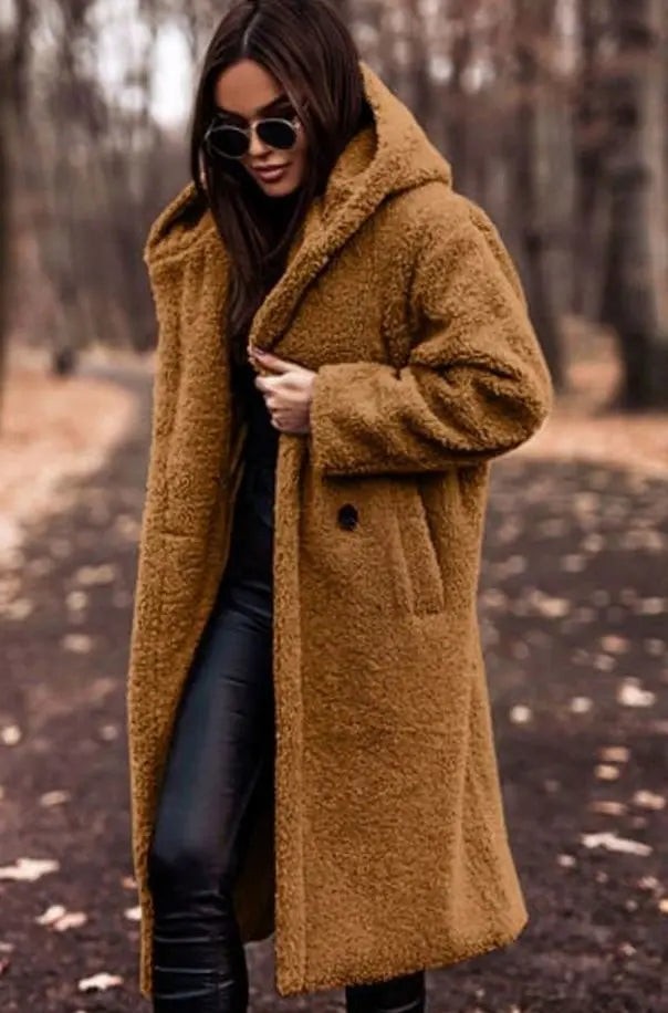 Women's Oversized Hooded Longline Teddy Coat – Caramel
