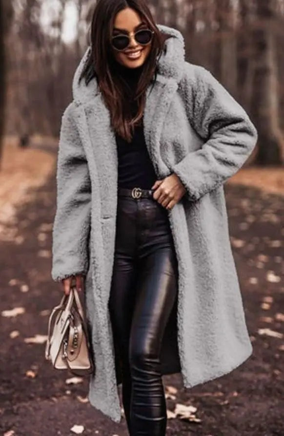 Women's Oversized Hooded Longline Teddy Coat – Grey