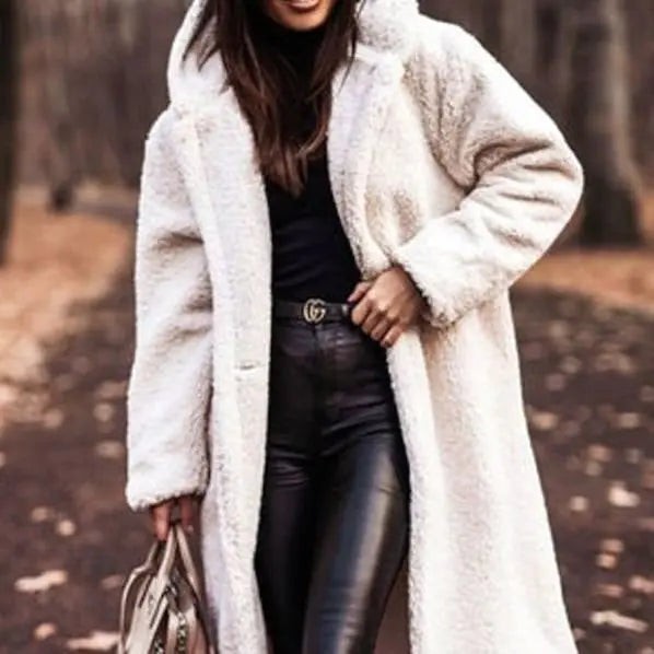 Women's Oversized Hooded Longline Teddy Coat – White