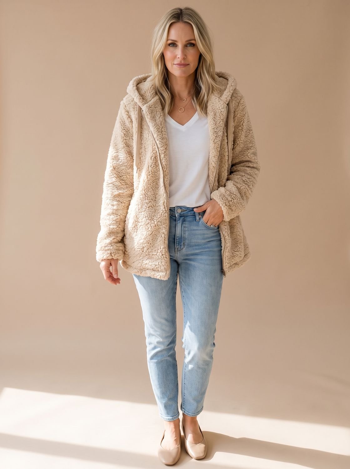 Women's Plush Textured Fleece Hooded Zip Coat – Beige