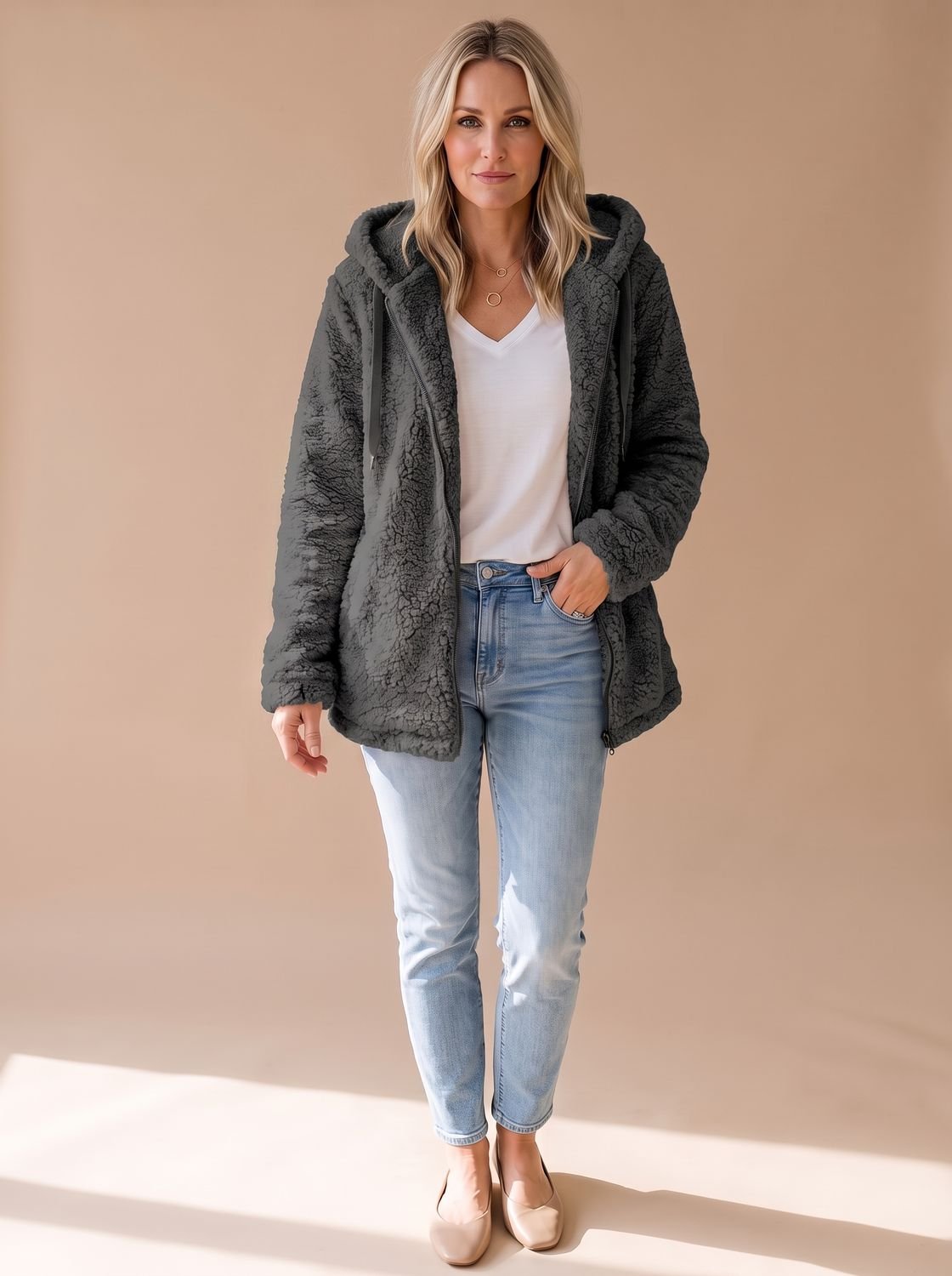 Women's Plush Textured Fleece Hooded Zip Coat – Black