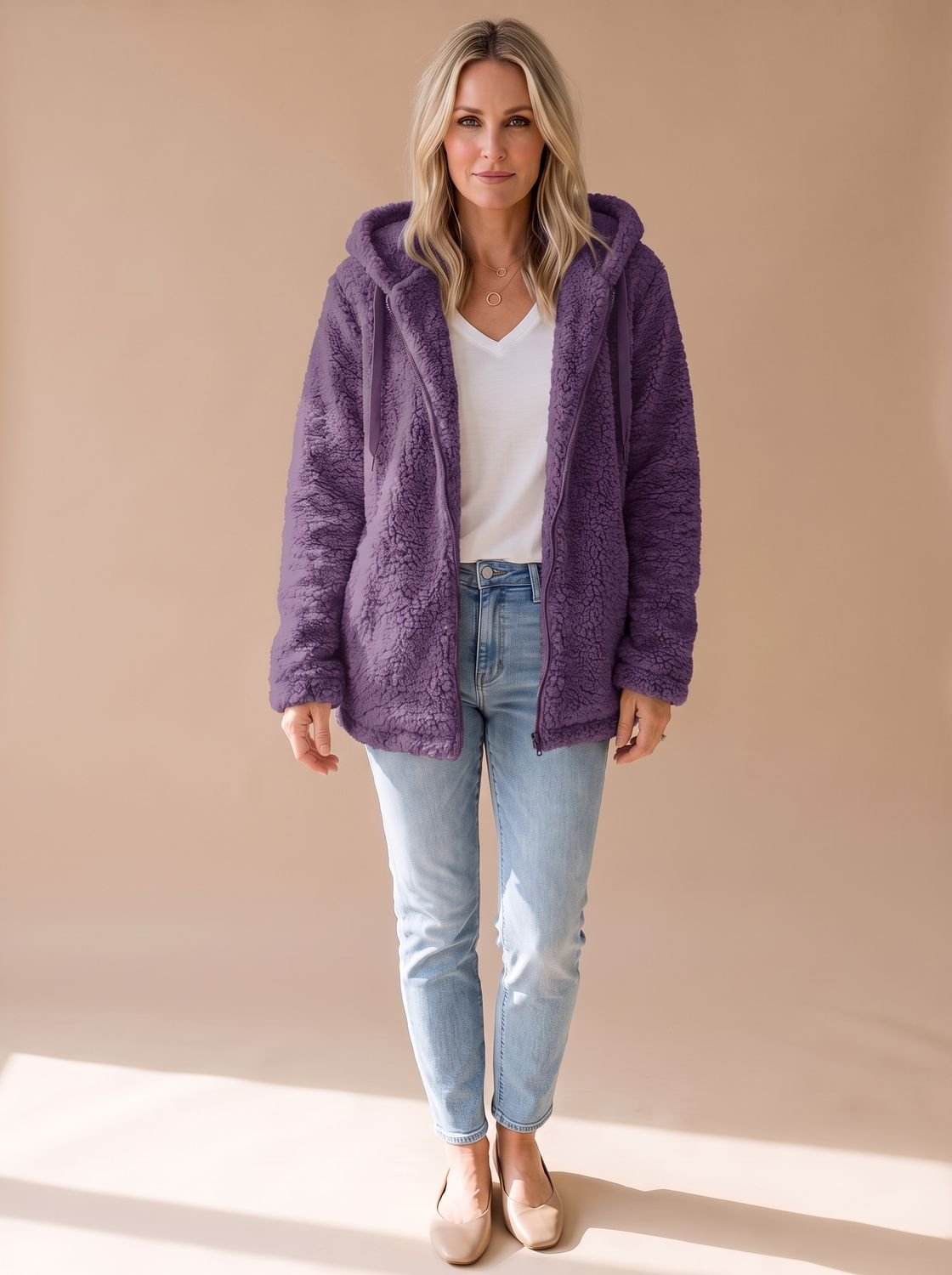 Women's Plush Textured Fleece Hooded Zip Coat – Purple