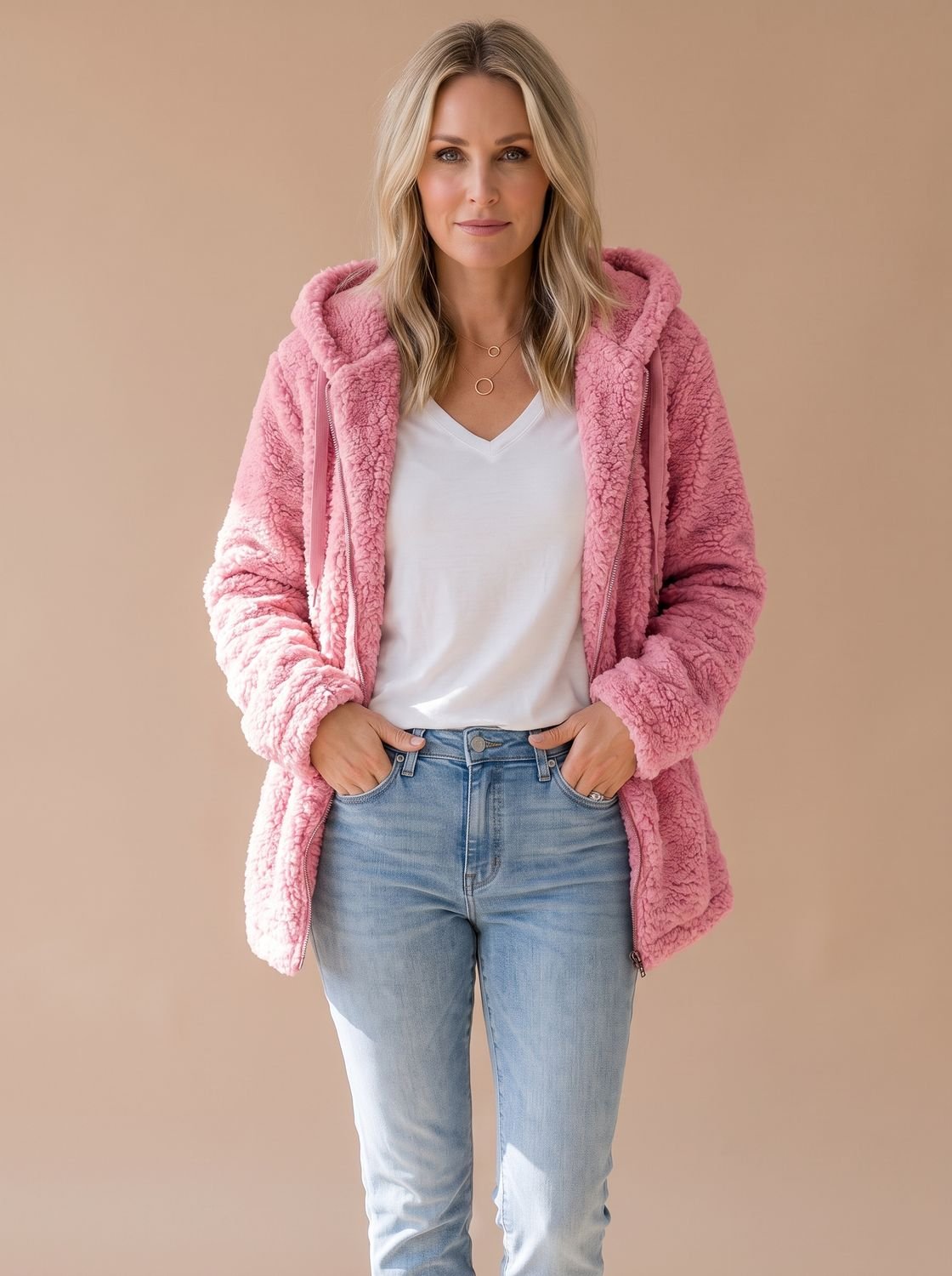 Women's Plush Textured Fleece Hooded Zip Coat – Pink