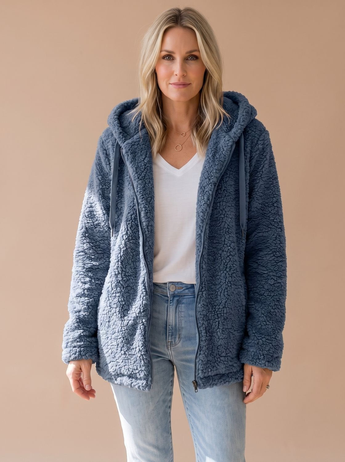 Women's Plush Textured Fleece Hooded Zip Coat – Blue
