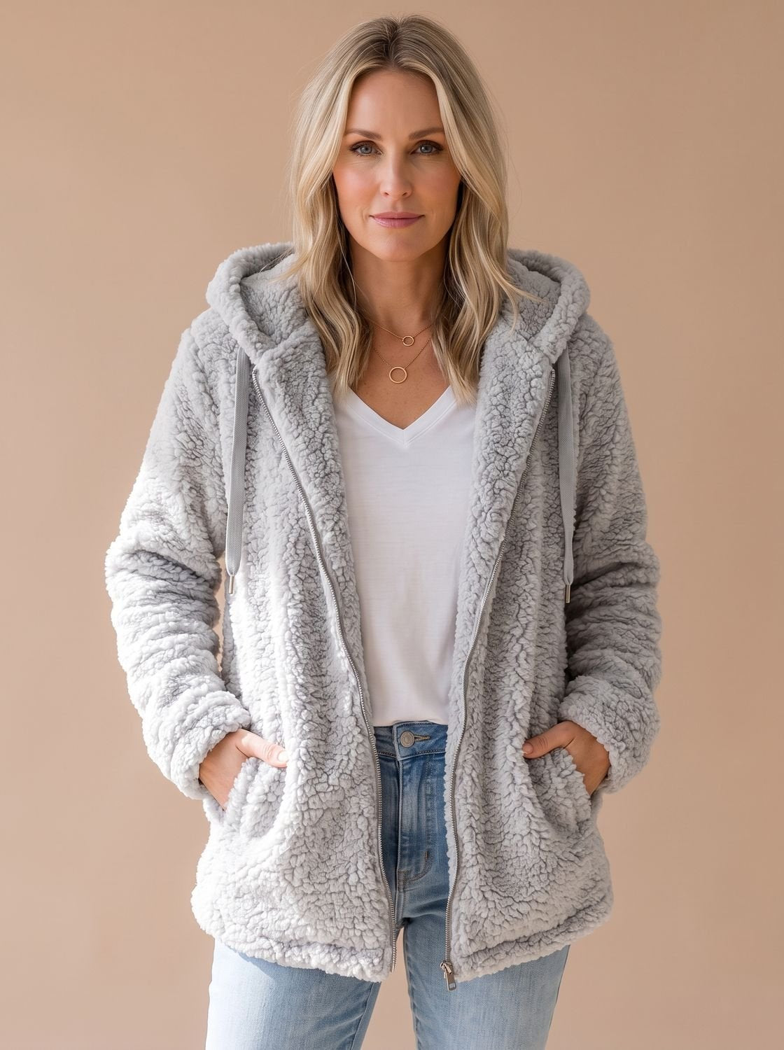Women's Plush Textured Fleece Hooded Zip Coat – Light Grey