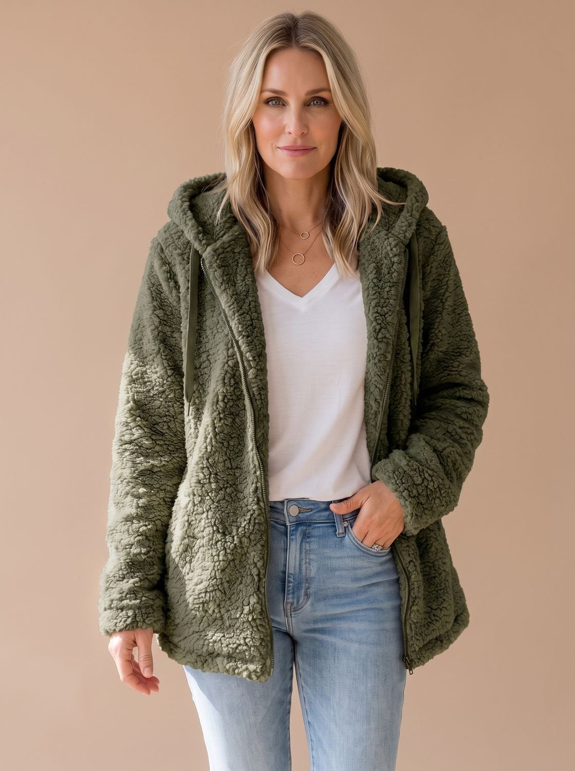 Women's Plush Textured Fleece Hooded Zip Coat – Green