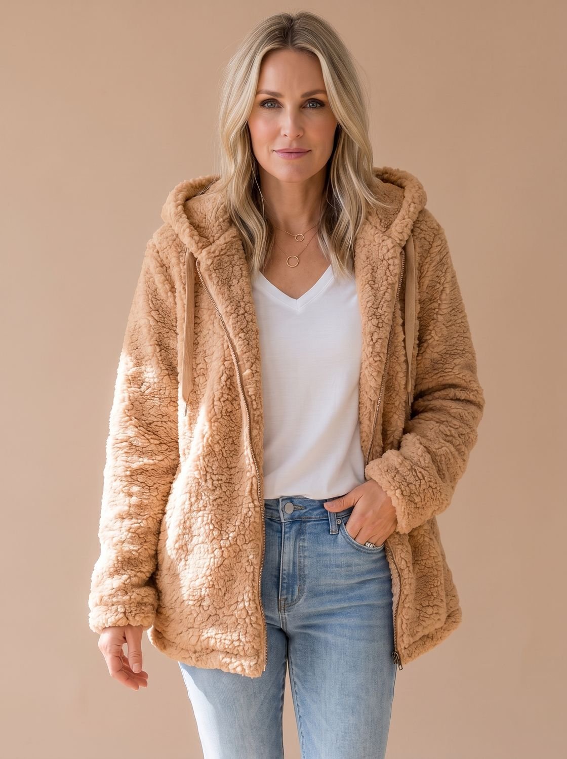 Women's Plush Textured Fleece Hooded Zip Coat – Cappuccino