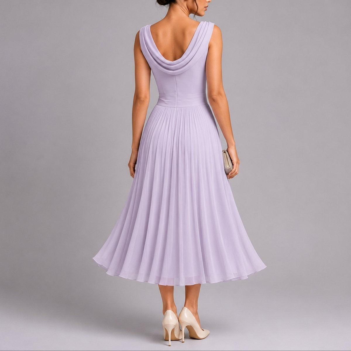 Women's Pleated Draped-Neckline Autumn Wedding Guest Midi Dress