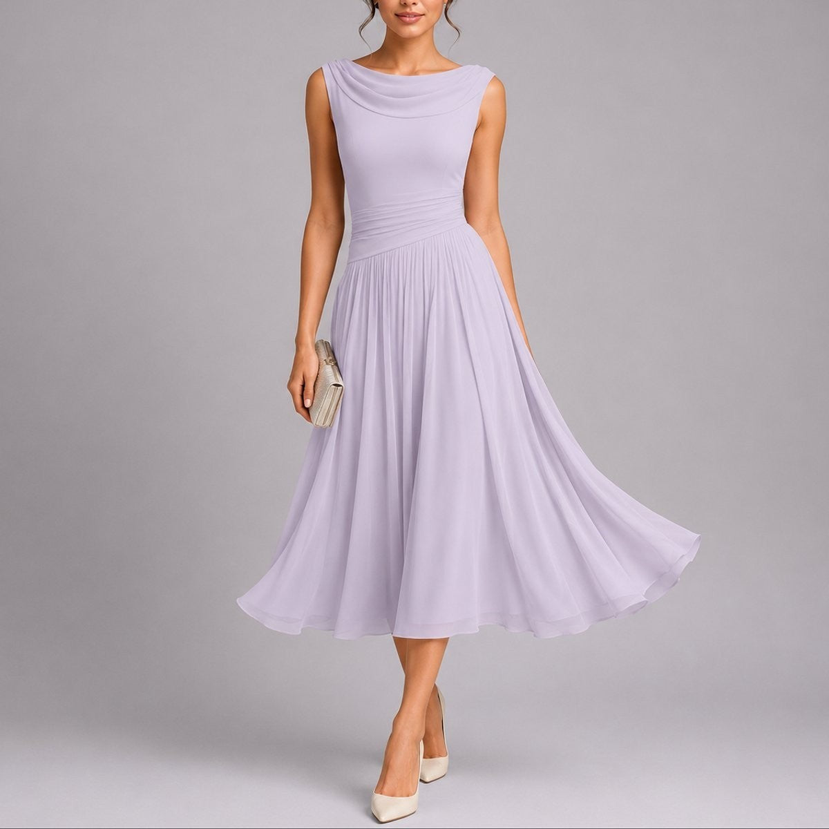 Women's Pleated Draped-Neckline Autumn Wedding Guest Midi Dress – Purple