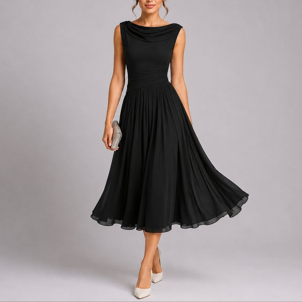 Women's Pleated Draped-Neckline Autumn Wedding Guest Midi Dress – Black