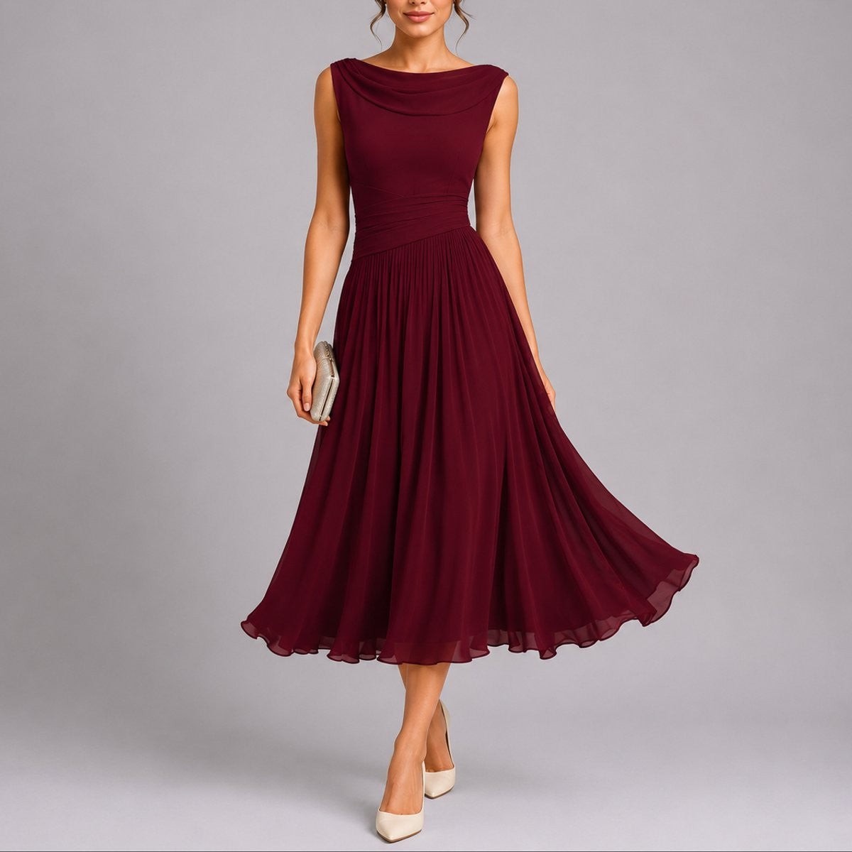 Women's Pleated Draped-Neckline Autumn Wedding Guest Midi Dress – Red