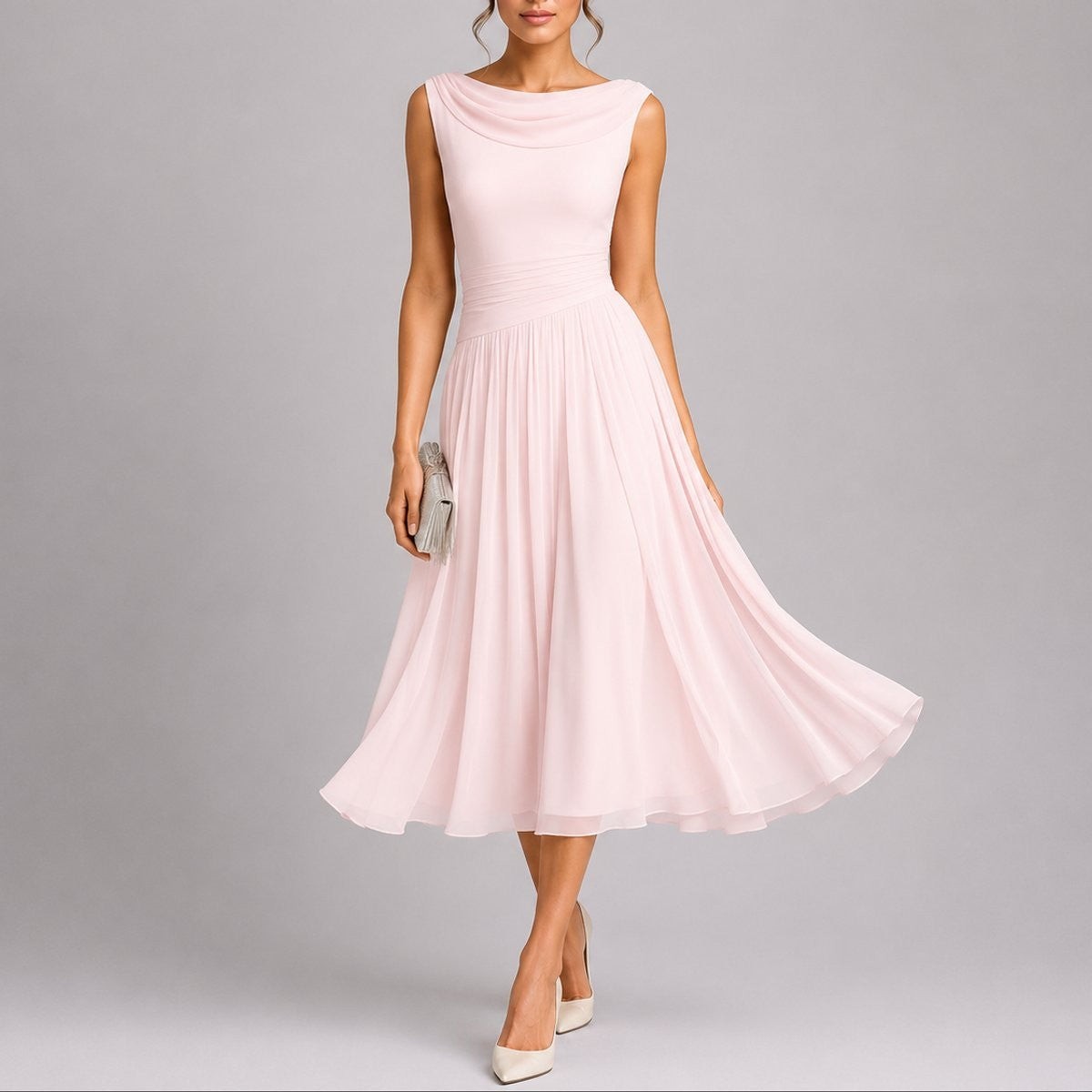 Women's Pleated Draped-Neckline Autumn Wedding Guest Midi Dress – Pink