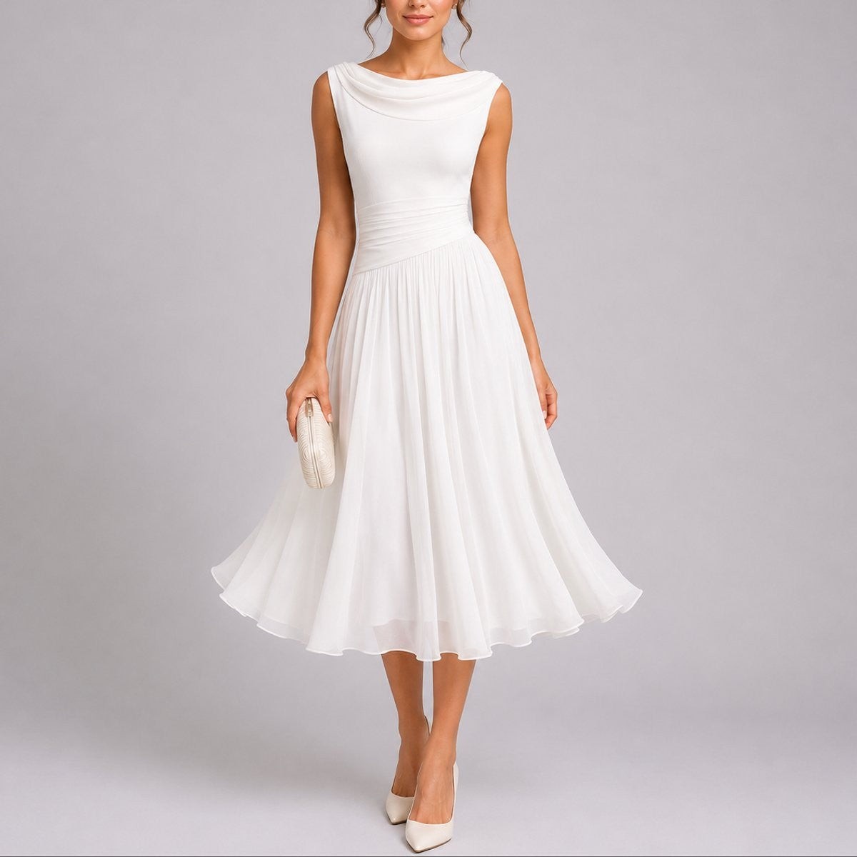 Women's Pleated Draped-Neckline Autumn Wedding Guest Midi Dress – White