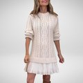 Women's Pleated-Hem Relaxed-Fit Mock-Neck Long-Sleeve Mini Jumper Dress – Apricot