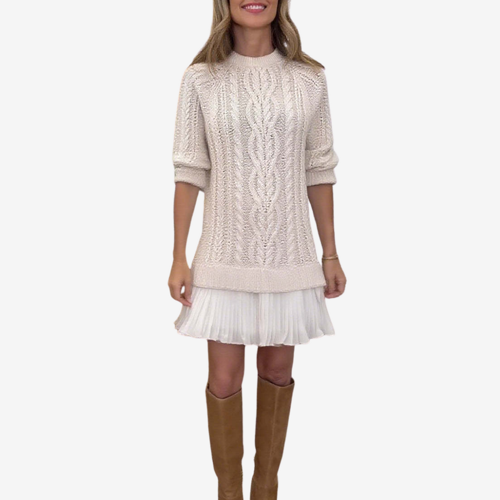 Women's Pleated-Hem Relaxed-Fit Mock-Neck Long-Sleeve Mini Jumper Dress