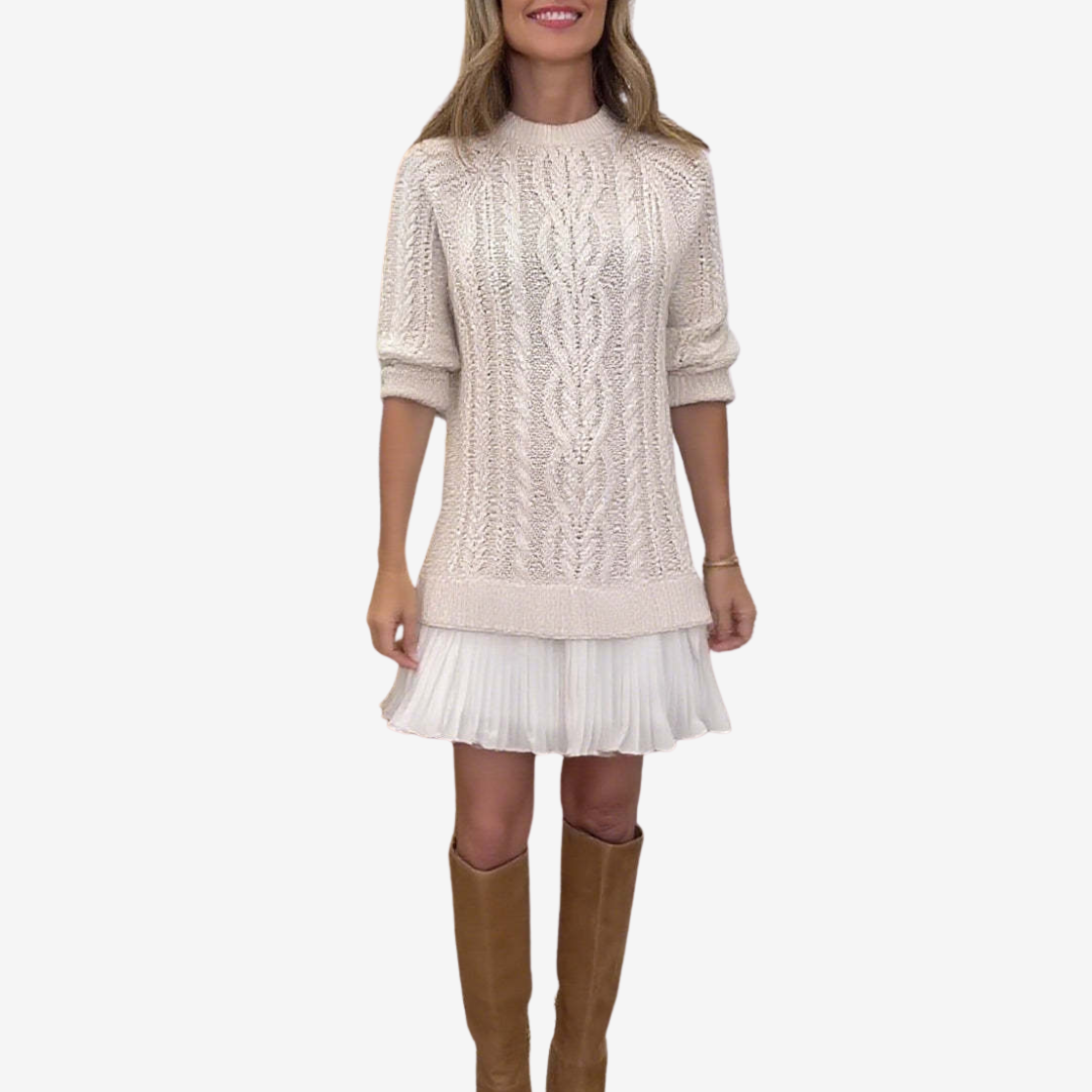 Women's Pleated-Hem Relaxed-Fit Mock-Neck Long-Sleeve Mini Jumper Dress