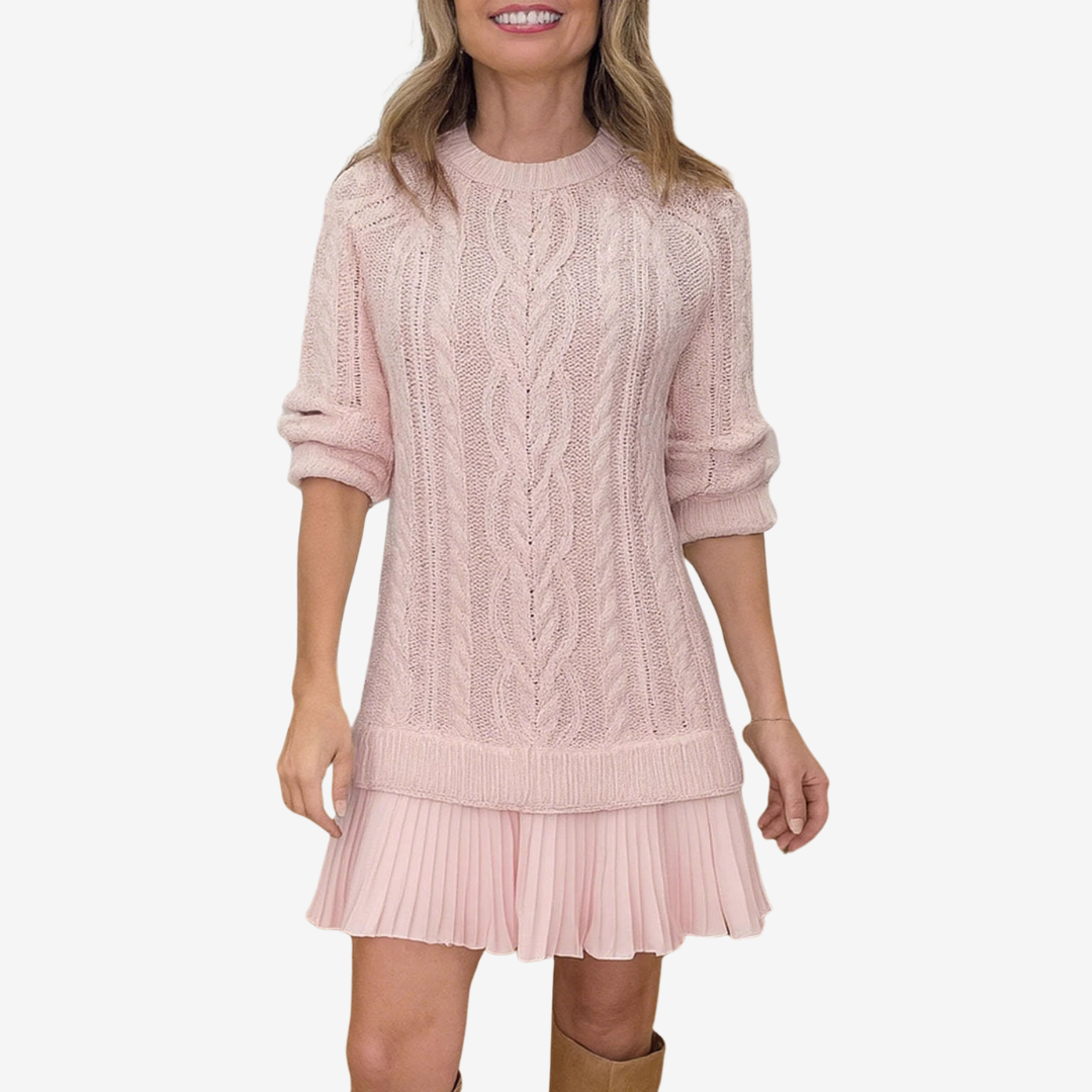 Women's Pleated-Hem Relaxed-Fit Mock-Neck Long-Sleeve Mini Jumper Dress – Pink