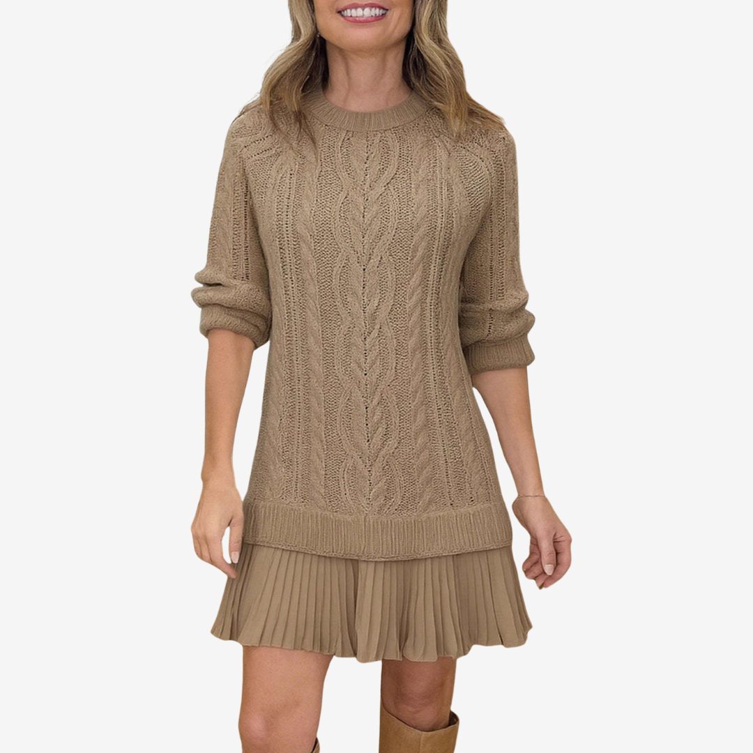 Women's Pleated-Hem Relaxed-Fit Mock-Neck Long-Sleeve Mini Jumper Dress – Brown