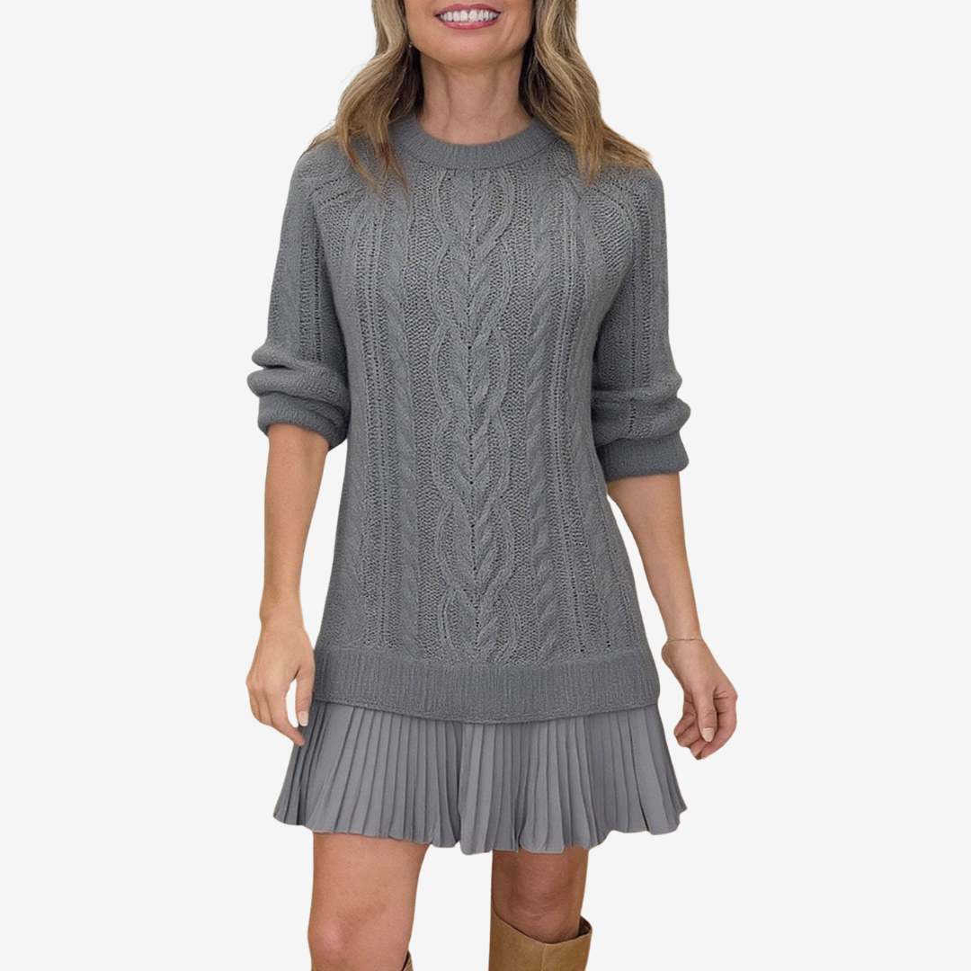 Women's Pleated-Hem Relaxed-Fit Mock-Neck Long-Sleeve Mini Jumper Dress – Grey