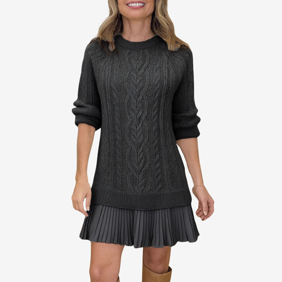 Women's Pleated-Hem Relaxed-Fit Mock-Neck Long-Sleeve Mini Jumper Dress – Black
