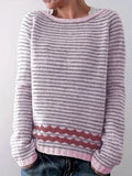 Women's Striped Round-Neck Zigzag-Hem Relaxed-Fit Jumper – Pink