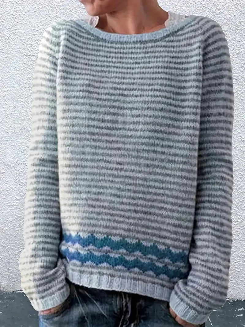 Women's Striped Round-Neck Zigzag-Hem Relaxed-Fit Jumper – Blue