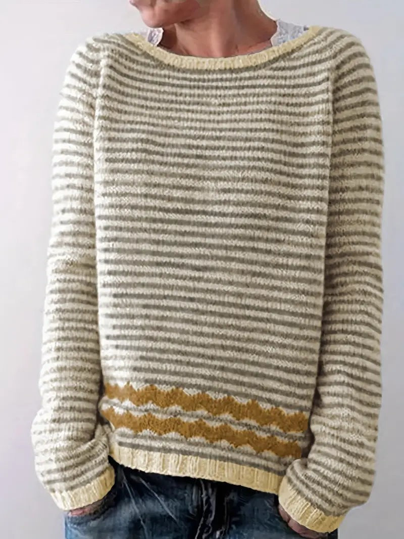 Women's Striped Round-Neck Zigzag-Hem Relaxed-Fit Jumper – Yellow