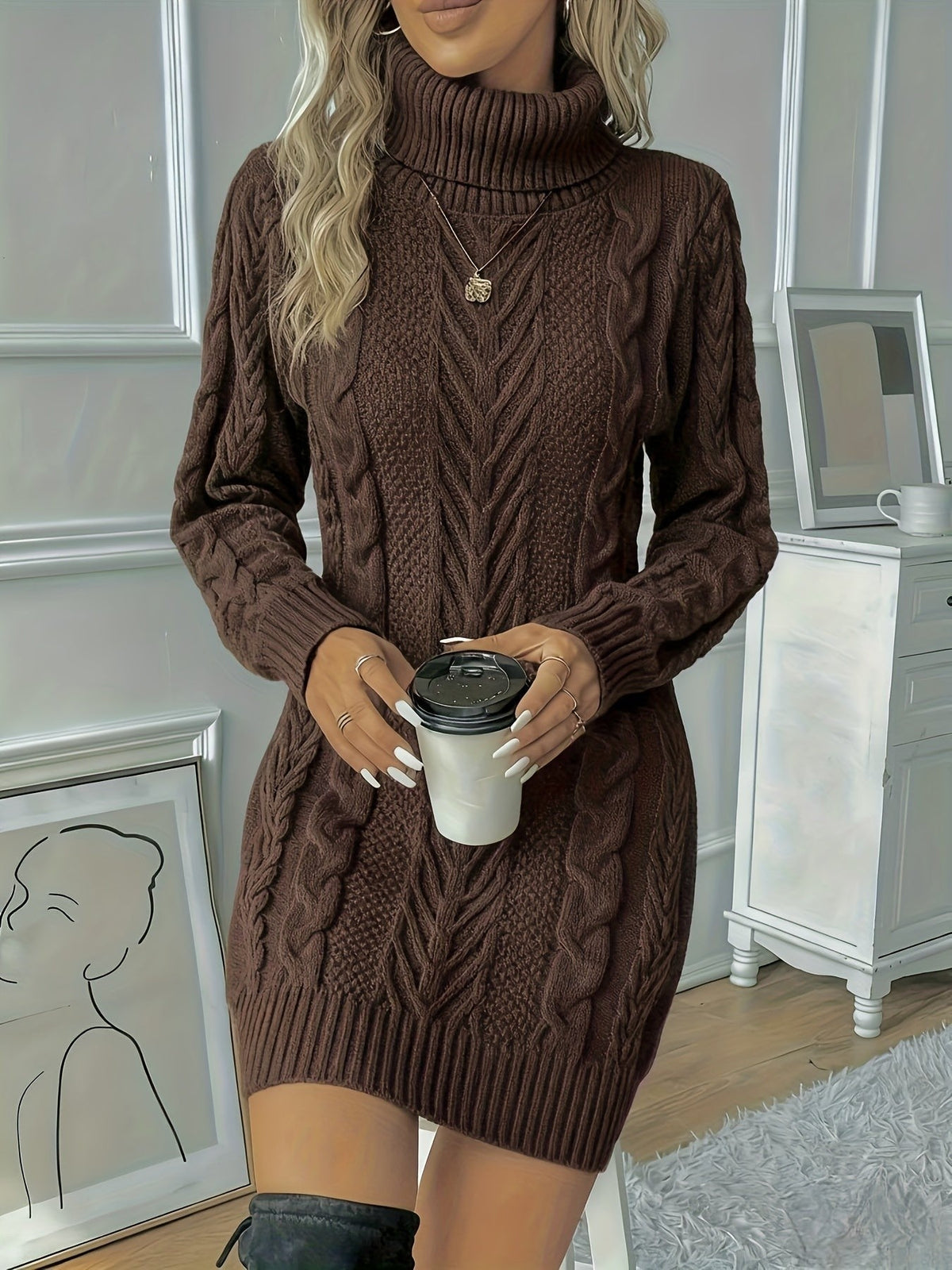 Women's Turtleneck Cable-Knit Long Sleeve Mini Sweater Dress