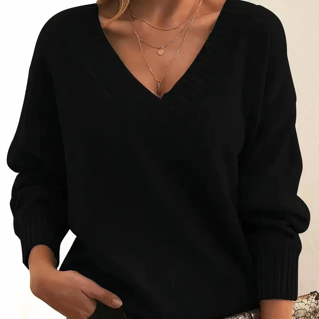 Women's Soft Knit V-Neck Jumper with Ribbed Cuffs