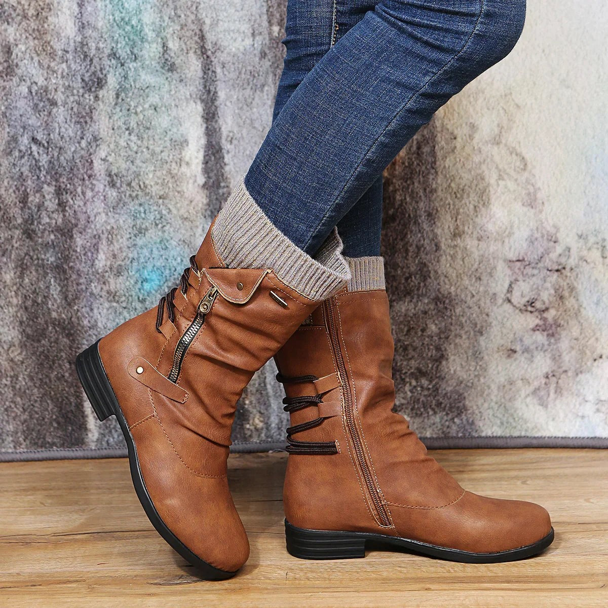 Women's Lace-Up Side-Zip Knit-Cuff Mid-Calf Winter Boots – Brown