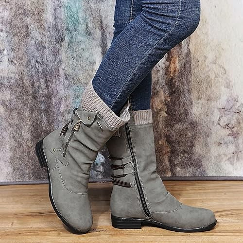 Women's Lace-Up Side-Zip Knit-Cuff Mid-Calf Winter Boots – Grey