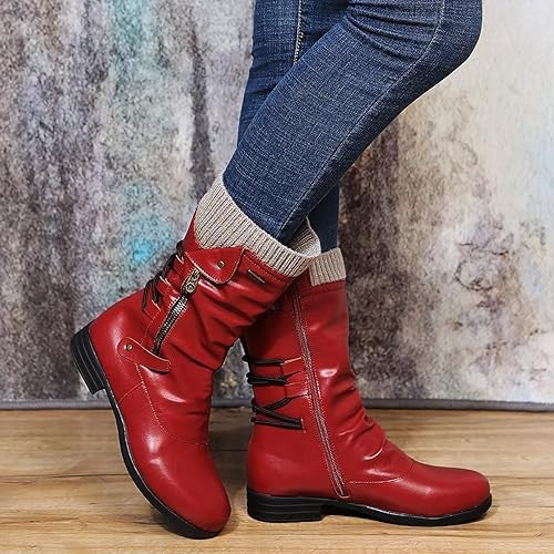 Women's Lace-Up Side-Zip Knit-Cuff Mid-Calf Winter Boots – Red