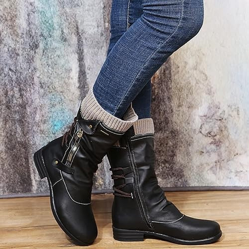 Women's Lace-Up Side-Zip Knit-Cuff Mid-Calf Winter Boots – Black