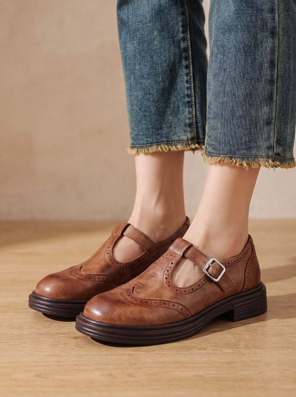Women's Wingtip Buckle T-Bar Round Toe Flats – Brown