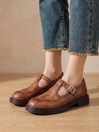 Women's Wingtip Buckle T-Bar Round Toe Flats – Brown