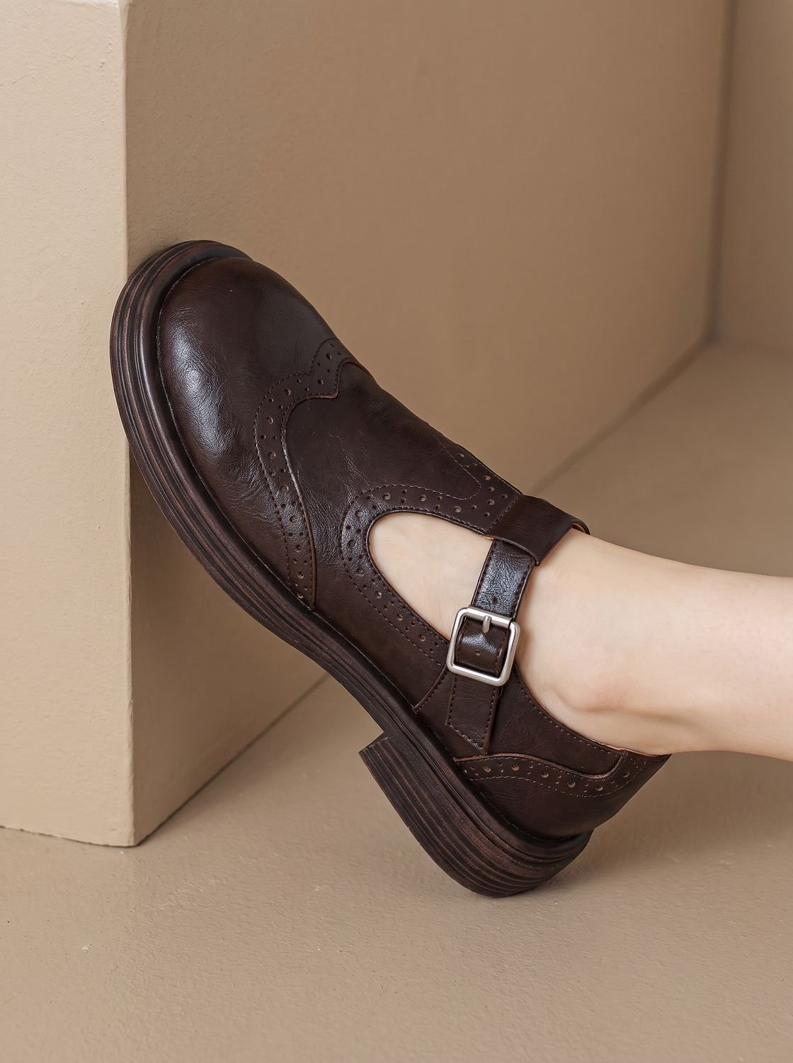 Women's Wingtip Buckle T-Bar Round Toe Flats – Dark Brown
