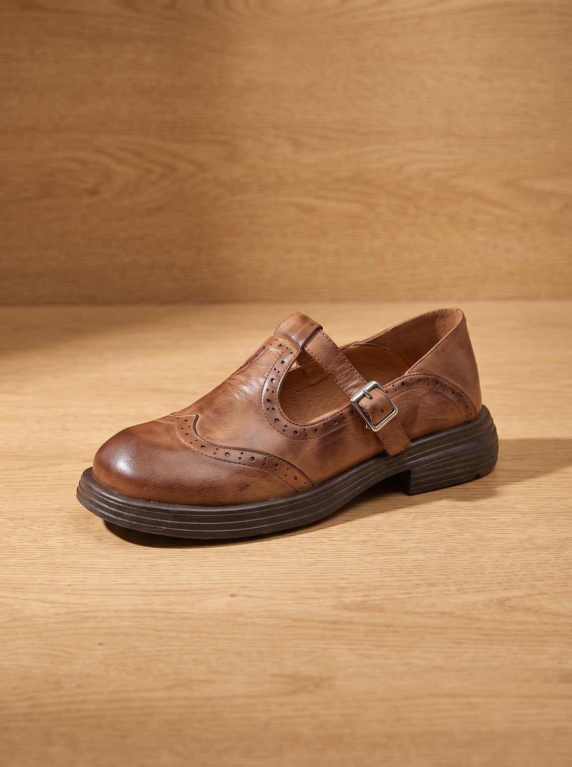 Women's Wingtip Buckle T-Bar Round Toe Flats