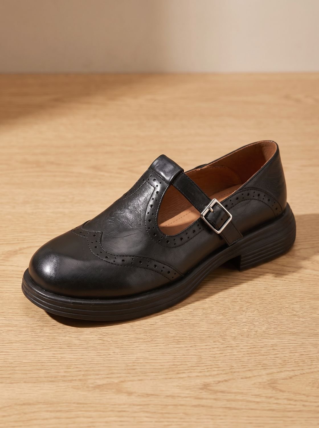 Women's Wingtip Buckle T-Bar Round Toe Flats – Black