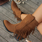 Women's Western Fringe Fold-Over Strap Pointed-Toe Block-Heel Cowboy Boots