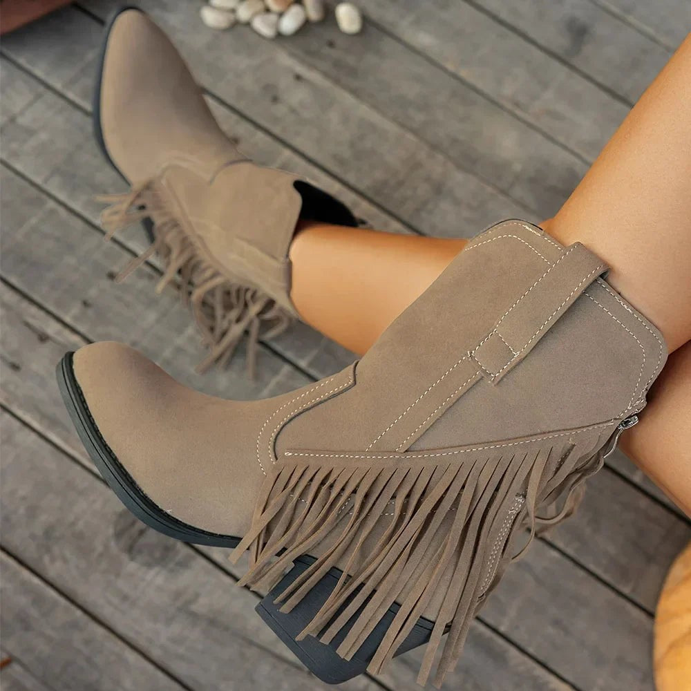 Women's Western Fringe Fold-Over Strap Pointed-Toe Block-Heel Cowboy Boots