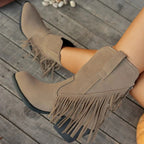 Women's Western Fringe Fold-Over Strap Pointed-Toe Block-Heel Cowboy Boots